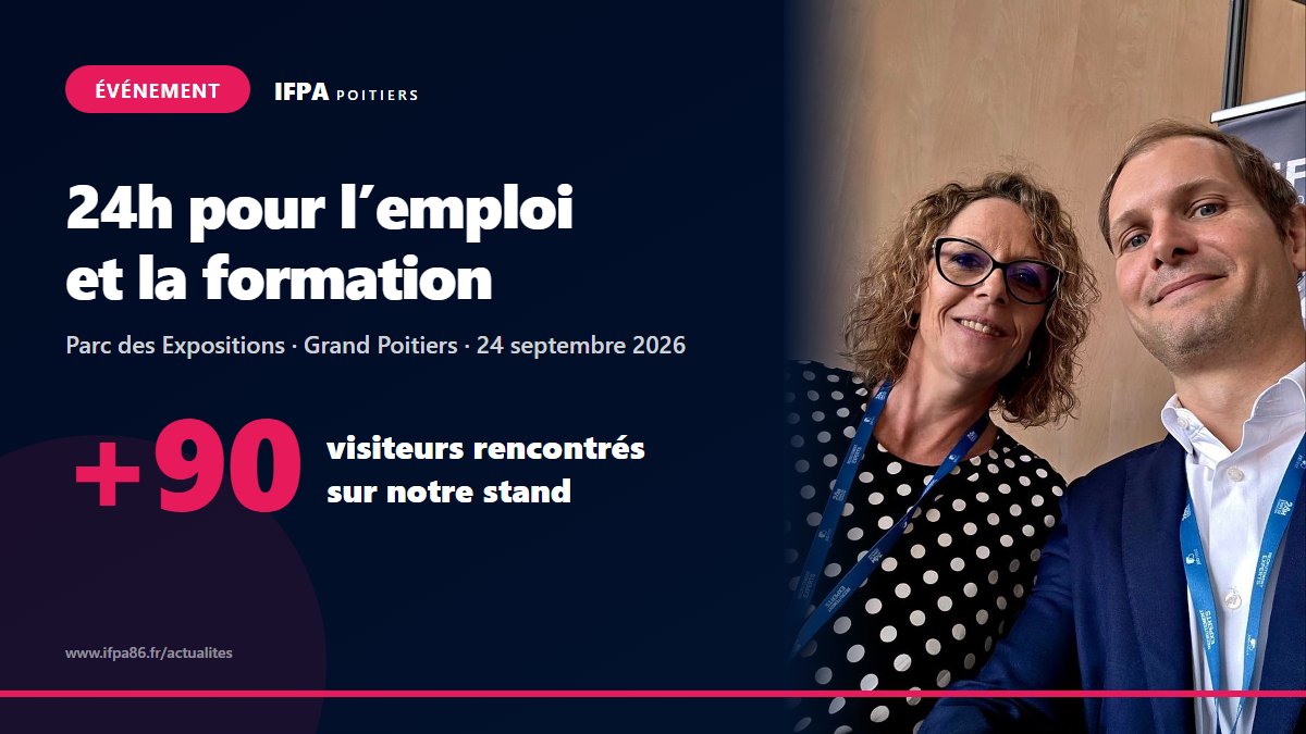 Deux membres de l'équipe IFPA Poitiers, badges du salon au cou, souriant sur le stand ; à gauche, le titre « 24h pour l'emploi et la formation », Parc des Expositions de Grand Poitiers, 24 septembre 2026, et la mention « +90 visiteurs rencontrés sur notre stand »