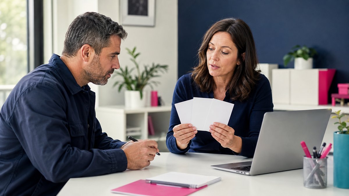 Une conseillère présente des documents de financement à un candidat lors d'un entretien individuel