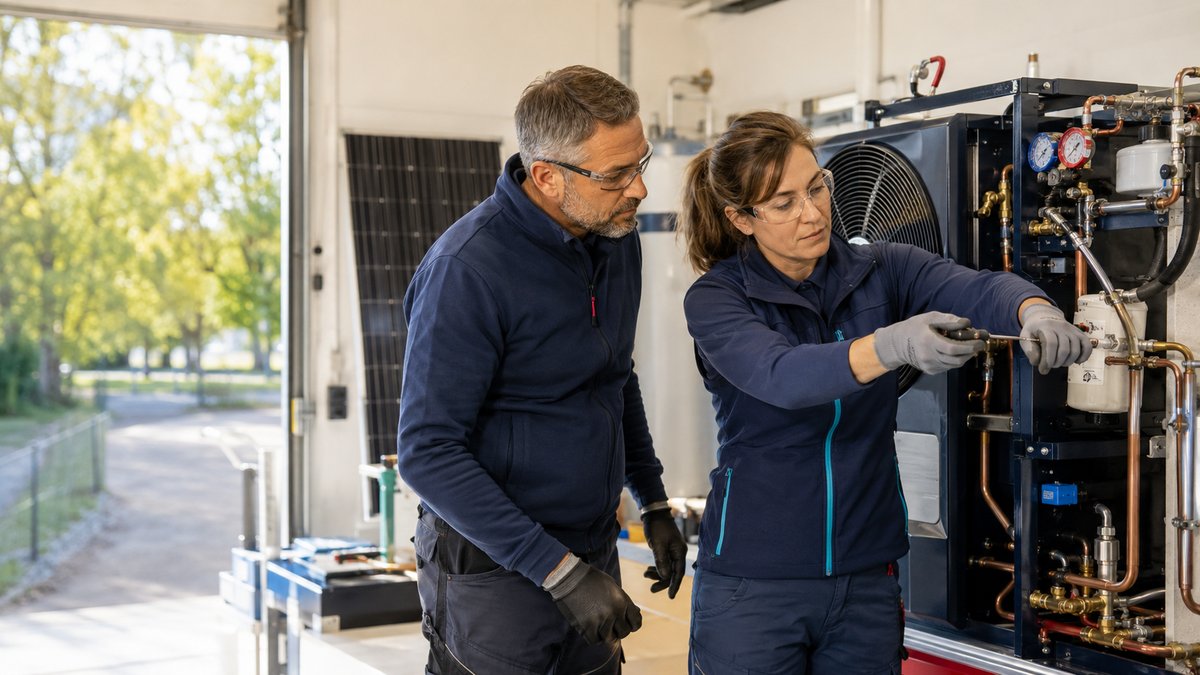 Deux techniciens interviennent sur une pompe à chaleur en atelier, un panneau photovoltaïque à l'arrière-plan