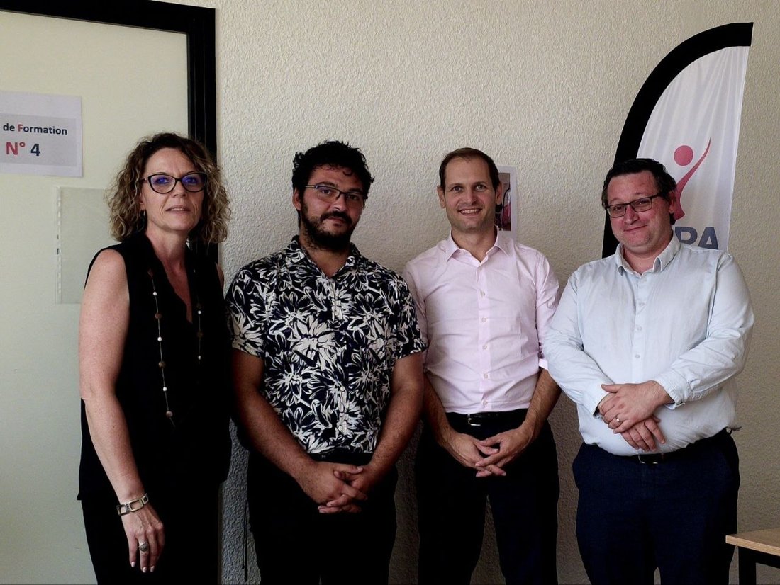 L'équipe de l'IFPA Poitiers réunie au centre de Poitiers (Pôle République II) — Cécile FAURE, Guillaume PAYET, Benjamin DUPLAA (directeur) et Thomas GIRARDEAU