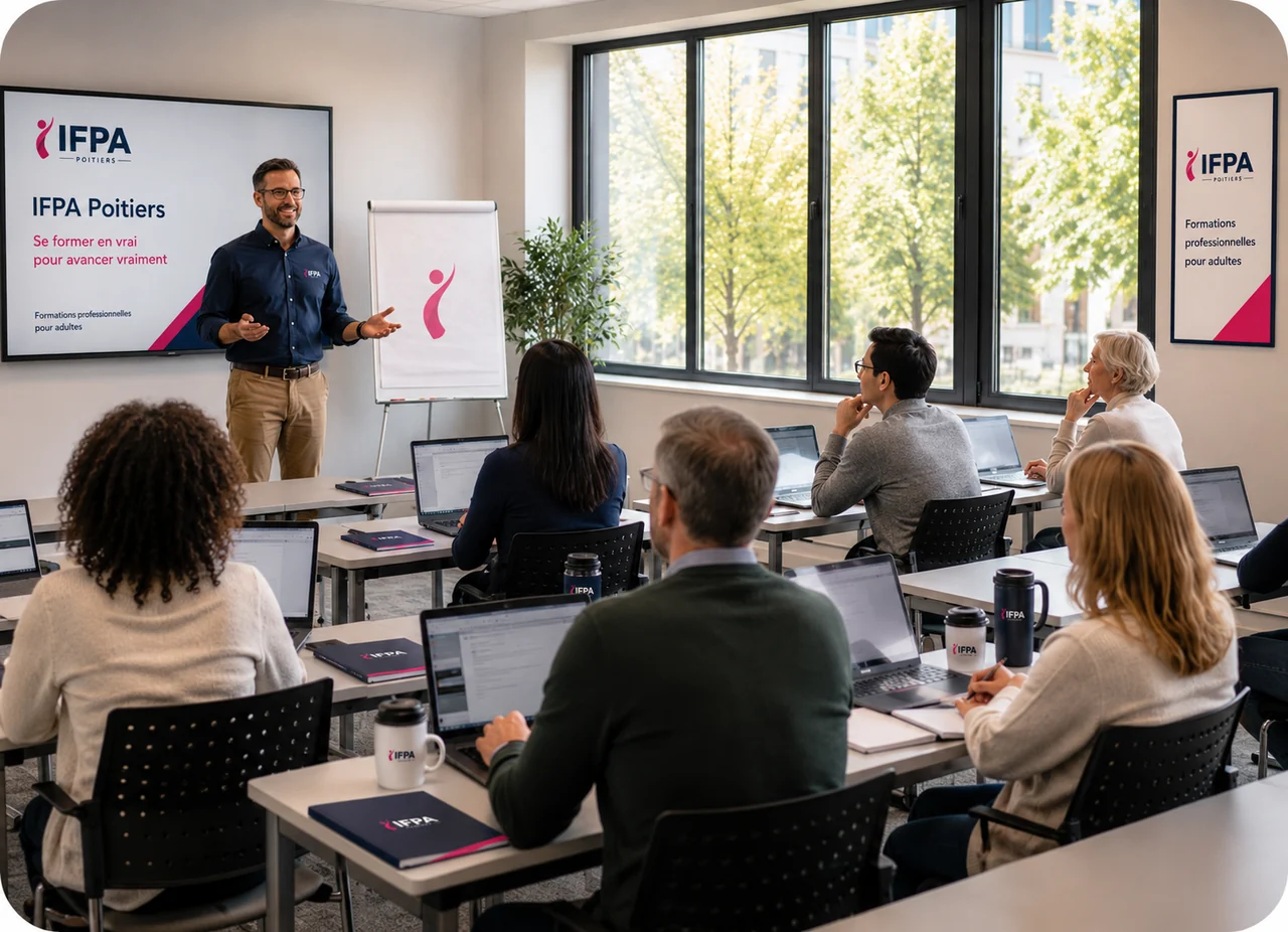 Financement de formation à l'IFPA Poitiers — conseiller présentant les dispositifs CPF, France Travail, OPCO et Région à un groupe d'adultes en reconversion