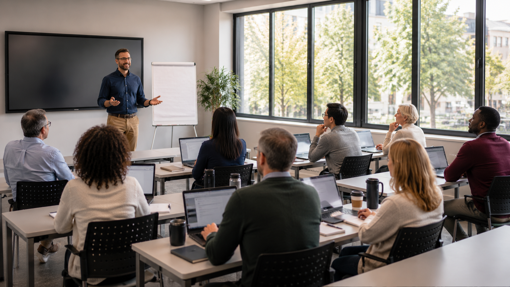 Session de formation IFPA Poitiers — formateur expliquant à un groupe d'apprenants adultes en salle équipée