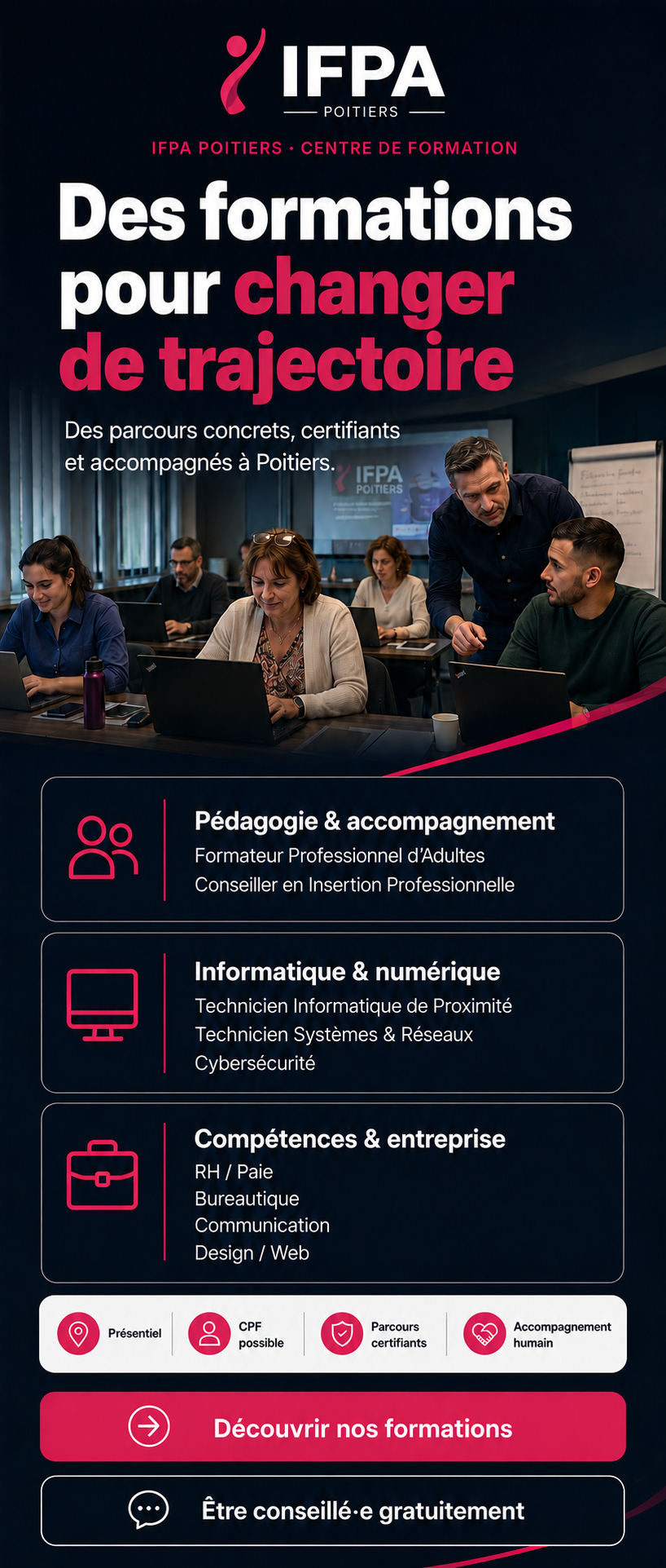 Kakémono IFPA Poitiers 2026 — Des formations pour changer de trajectoire. Pédagogie, informatique, compétences entreprise.